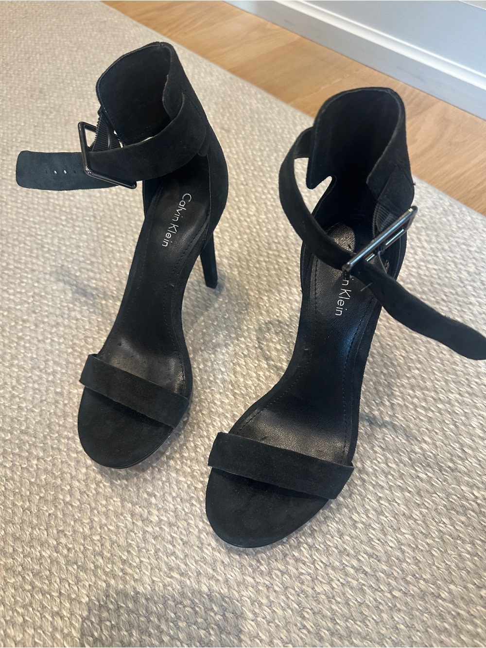 Calvin Klein Black Suede Open-Toe Ankle Strap Heels